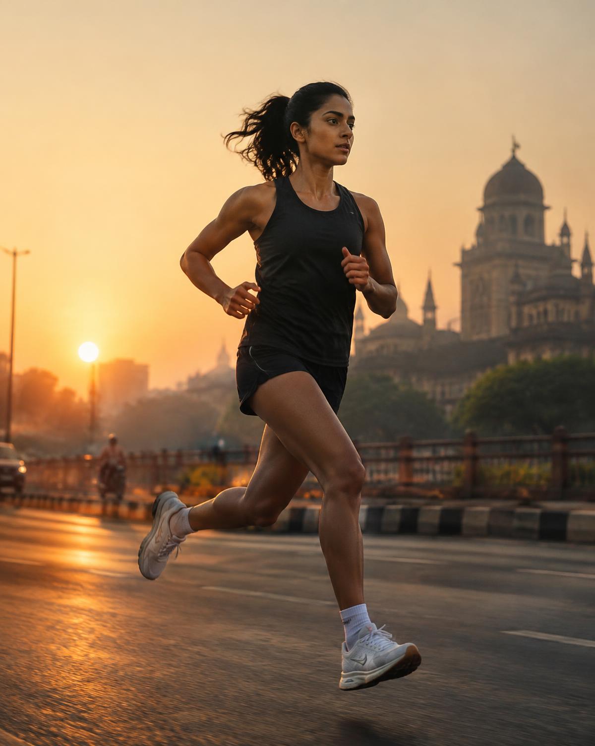 Runner at sunrise on a city street